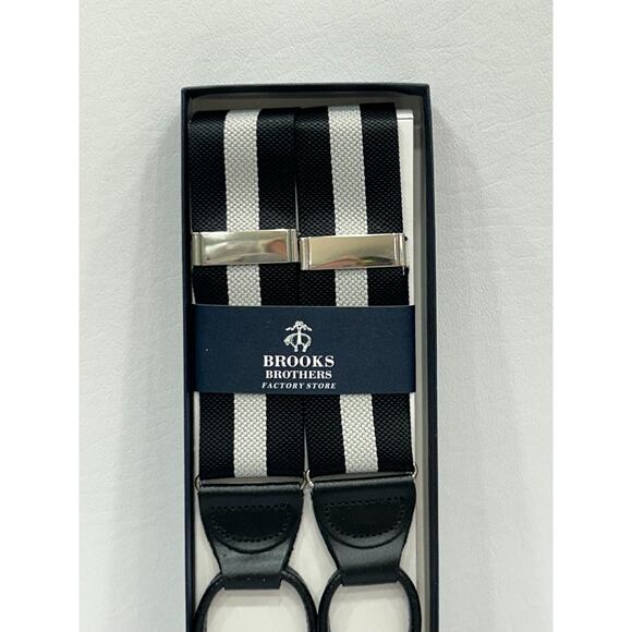 NEW Brooks Brothers Mens Black & Gray Striped Button End Suspenders Leather Trim - Picture 3 of 7